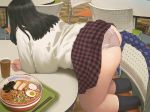  ass black_hair black_legwear breasts chair drink food highres large_breasts long_hair mole mole_on_ass noodles original panties pink_panties plaid plaid_skirt ramen ryokucha_michi skirt socks table thick_thighs thighs tray underwear 