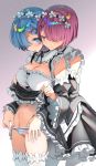  2girls asahina_hikage blue_eyes blue_hair breasts cleavage closed_mouth commentary_request detached_sleeves hair_ornament hair_over_one_eye highres incest large_breasts lifted_by_another looking_at_another maid maid_headdress multiple_girls panties pink_eyes pink_hair ram_(re:zero) re:zero_kara_hajimeru_isekai_seikatsu rem_(re:zero) short_hair siblings sisters smile standing striped striped_panties thighhighs underwear white_legwear white_panties x_hair_ornament yuri 