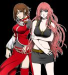  2girls black_background blue_nails breasts brown_eyes cleavage hand_on_hip highres holding_own_arm large_breasts long_hair looking_at_viewer looking_to_the_side medium_breasts megurine_luka meiko meriko midriff multiple_girls navel parted_lips red_nails short_hair very_long_hair vocaloid 