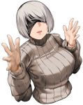  1girl bakkanki black_blindfold blindfold breasts cropped_torso grey_hair hands_up highres large_breasts mole mole_under_mouth nier_(series) nier_automata open_hands ribbed_sweater short_hair smile sweater turtleneck upper_body white_background yorha_no._2_type_b 