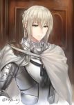  1boy armor bedivere blonde_hair braid breastplate cape door fate/grand_order fate_(series) green_eyes hair_between_eyes izura_mari long_hair ponytail sidelocks upper_body white_cape 