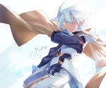  1boy ahoge blue_eyes blue_hair bright_pupils brown_cape cape closed_mouth faulds highres long_sleeves looking_at_viewer male_focus pants shichigatsu slit_pupils solo standing white_pants white_pupils 