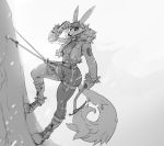  2020 anthro black_sclera breasts canid canine climbing clothed clothing digimon digimon_(species) digital_media_(artwork) female fur greyscale mammal monochrome outside renamon rock_climbing simple_background tzarvolver 