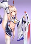  1girl absurdres arm_up armpits ascot ass ass_visible_through_thighs ayanami_(azur_lane) azur_lane bandaid bandaid_on_arm belt breasts collarbone commentary_request detached_sleeves eyebrows_visible_through_hair gradient gradient_background hair_between_eyes hair_ornament hairclip head_tilt headgear highres holding holding_sword holding_weapon hryeon leg_up long_hair looking_at_viewer midriff navel orange_eyes panties pantyshot pleated_skirt ponytail retrofit_(azur_lane) revision ribbon-trimmed_sleeves ribbon_trim school_uniform serafuku silver_hair simple_background skindentation skirt solo split standing standing_on_one_leg standing_split sword thighhighs thighs underboob underwear weapon white_legwear white_panties wide_sleeves zettai_ryouiki 