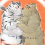  2008 anthro anthro_on_anthro blush brown_body brown_fur duo felid fur hand_holding japanese_text kemono kissing male male/male mammal overweight overweight_male pantherine pubes red_background simple_background snow_utamaru text tiger white_body white_fur 