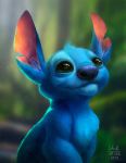  2019 absurd_res alien anastasia_sibiryakova back_markings black_eyes blue_body blue_fur blue_nose blurred_background disney experiment_(lilo_and_stitch) fur head_tuft hi_res inner_ear_fluff lilo_and_stitch markings notched_ear outside realistic sitting smile solo stitch_(lilo_and_stitch) tuft 