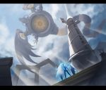  1boy blue_sky cloud cloudy_sky commentary duel_monster flying giant letterboxed majestic_mech_-_goryu majestic_mech_-_senku male_focus sihai_(wsskdywe) sky standing sunlight tail tower wings yu-gi-oh! 