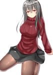  1girl alternate_costume azur_lane black_skirt breasts eyebrows_visible_through_hair grey_hair hair_between_eyes highres kasumasu_(tales75) large_breasts long_hair looking_at_viewer miniskirt pantyhose red_eyes red_sweater ribbed_sweater saint-louis_(azur_lane) shadow simple_background skirt solo sweater white_background 