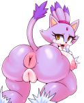  2020 alternate_version_at_source amber_eyes anthro anus areola big_anus big_breasts big_butt black_nose blaze_the_cat blush breasts butt domestic_cat fangs felid feline felis female forehead_gem genitals hair hi_res looking_at_viewer looking_back mammal matospectoru nipples open_mouth open_smile puffy_anus purple_hair pussy simple_background smile solo sonic_the_hedgehog_(series) thick_thighs tongue tongue_out white_background 