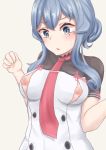  1girl blue_eyes blue_hair blush breasts commentary_request cosplay dress gotland_(kantai_collection) highres kantai_collection long_hair medium_breasts mole mole_under_eye murakumo_(kantai_collection) murakumo_(kantai_collection)_(cosplay) nipple_cutout nipples remodel_(kantai_collection) short_sleeves sinape solo speech_bubble white_dress 