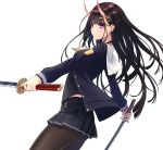  1girl azur_lane bangs black_cardigan black_hair black_shirt black_skirt blunt_bangs blush brown_legwear cardigan closed_mouth commentary_request dual_wielding earrings foreshortening from_side hair_ornament hairclip highres holding holding_sword holding_weapon horns jewelry katana long_hair long_sleeves looking_at_viewer looking_to_the_side miniskirt nameko_houshi noshiro_(azur_lane) oni_horns open_cardigan open_clothes pantyhose pleated_skirt purple_eyes sailor_collar shirt simple_background skin-covered_horns skirt solo sword unbuttoned weapon white_background white_neckwear white_sailor_collar x_hair_ornament 