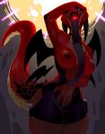  anthro better_version_at_source breasts clothing dragon dress female glowing glowing_eyes hi_res long_tongue nipples nude red_body red_scales reptile scales scalie shnider solo tongue wings yellow_body yellow_scales 