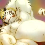  1:1 2020 anthro belly clothing eyes_closed eyewear felid fur glasses hi_res kemono laohu licho_(tas) lying male mammal overweight overweight_male pantherine solo tiger tokyo_afterschool_summoners underwear video_games white_body white_fur 