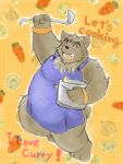  2008 3:4 anthro apron blush brown_body brown_fur clothing eyes_closed food fur kemono male mammal overweight overweight_male snow_utamaru solo text ursid 