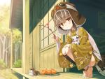  animal ayakashi_kyoushuutan bird blue_eyes brown_hair cura food forest fruit hat hiyo_(ayakashi_kyoushuutan) orange_(fruit) short_hair tree 