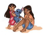  5_toes alien ambiguous_gender bangs black_eyes black_hair blue_body blue_fur blue_nose carrying clothed clothing colored_sketch disney experiment_(lilo_and_stitch) female fur group hair human lilo_and_stitch lilo_pelekai long_hair looking_at_another male_(lore) mammal muumuu nani_pelekai one_ear_up open_mouth open_smile simple_background small_tail smile standing stitch_(lilo_and_stitch) toes white_background willowwaves 