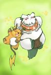  2011 abomasnow anthro belly black_nose blush duo eyes_closed fan_character fur green_body green_fur kemono lying nintendo overweight pok&eacute;mon pok&eacute;mon_(species) raichu sleeping snow_utamaru video_games white_body white_fur 