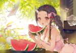  1girl :o akizero1510 arm_support backlighting bare_arms bare_shoulders bikini blush breasts cleavage commentary day electric_fan fangs food forehead fruit hair_ornament hair_ribbon hairclip holding holding_food holding_fruit horns ice ice_cube kamado_nezuko kimetsu_no_yaiba leaning_forward long_hair looking_at_viewer nail_polish navel open_mouth pink_bikini pink_ribbon ponytail red_eyes red_nails ribbon sidelocks signature small_breasts solo sparkle sunlight swimsuit tray upper_teeth watermelon watermelon_seeds 