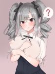  1girl ? blush breast_milk breasts drill_hair highres idolmaster idolmaster_cinderella_girls kanzaki_ranko lactation lactation_through_clothes large_breasts long_hair looking_at_viewer nipples open_mouth red_eyes ribbon silver_hair simple_background solo tears twin_drills twintails 