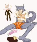  beastars blush canid canine canis clothed clothing clumsy duo female femboy_hooters fur grey_body grey_fur haru_(beastars) hi_res lagomorph legoshi_(beastars) leporid male mammal meme milkshake necktie plate rabbit simple_background suit text text_on_clothing waiter white_body white_fur wolf 