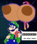  absurd_res alternate_species areola big_breasts breast_expansion breasts clothing dialogue duo elfdrago expansion facial_hair female floating fool&#039;s_hat hat headgear headwear hi_res huge_breasts human humanized hyper hyper_breasts inside key levitation luigi male mammal mario_bros mustache nintendo nipples overalls phanto smile speech_bubble video_games 