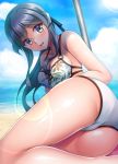  1girl ass bare_shoulders beach bikini blue_eyes blue_hair blue_sky blush breasts cloud collarbone commentary_request day gotland_(kantai_collection) highres kantai_collection long_hair looking_at_viewer looking_back medium_breasts mole mole_under_eye ocean pole ruin_re_birth sky solo swimsuit white_bikini 