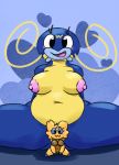  2020 anthro anthrofied arachnid arthropod blue_body blue_skin breasts cathy_(junktrashman) convenient_censorship countershading duo english_text erect_nipples female fish front_view hi_res joltik junktrashman larger_female looking_at_viewer marine nintendo nipples non-mammal_breasts nude open_mouth open_smile pink_nipples pok&eacute;mon pok&eacute;mon_(species) sitting size_difference smaller_female smile spread_legs spreading text toony video_games whiscash yellow_body yellow_countershading 