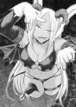 1girl absurdres animal_ears bangs bat_wings boku_no_hero_academia breasts bunny_ears cleavage commentary_request cowboy_shot dark_skin demon_girl demon_tail detached_sleeves fangs gloves greyscale halloween_costume highres horns huge_filesize long_hair looking_at_viewer mirko monochrome navel nstime23 o-ring o-ring_top open_mouth parted_bangs slit_pupils solo succubus tail thigh_strap thighhighs tongue tongue_out very_long_hair white_gloves wings 