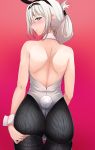  1girl absurdres aderi an-94_(girls_frontline) animal_ears ass back back-seamed_legwear black_legwear blue_eyes blush bunny_ears bunny_tail commentary_request folded_ponytail girls_frontline hairband highres looking_back pantyhose platinum_blonde_hair playboy_bunny seamed_legwear tail wrist_cuffs 