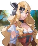  1girl a_(user_vtsy8742) alternate_costume belt_buckle blonde_hair breasts brigid_(fire_emblem) buckle cleavage closed_mouth fire_emblem fire_emblem:_genealogy_of_the_holy_war fire_emblem_heroes grey_eyes headband highres long_hair looking_at_viewer solo solo_focus wavy_hair 