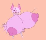  areola bandage big_breasts breast_expansion breasts bubblemummy elfdrago expansion eyes_closed fangs female hi_res huge_breasts humanoid hyper hyper_breasts nipples one_eye_obstructed pink_body simple_background smile solo standing 