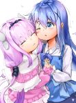  2girls absurdres beads blue_eyes blue_hair capelet cheek_squash closed_eyes crossover cuddling dragon_horns dress gochuumon_wa_usagi_desu_ka? hair_ornament hairband hairclip highres holding_hands horns jun_wmrx3848 kafuu_chino kanna_kamui kobayashi-san_chi_no_maidragon long_hair low_twintails multiple_girls one_eye_closed pink_dress pink_hair ribbon twintails upper_body white_capelet 