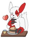  &lt;3 absurd_res blush burger burger_bun claws cutlery darknetic eyes_closed feral fluffy food fork fur glass happy hi_res juice_(disambiguation) kitchen_utensils male markings nintendo plate pok&eacute;mon pok&eacute;mon_(species) red_body red_fur red_markings smile solo tools video_games white_body white_fur zangoose 