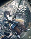  1girl absurdres black_hair blue_eyes breasts english_commentary girls_frontline highres huge_filesize long_hair medium_breasts pantyhose pleated_skirt skirt solo super_sass super_sass_(girls_frontline) tom_clancy&#039;s_the_division vehicle_request very_long_hair xandier59 
