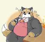  2009 anthro belly blush bottomwear canid canine clothing eating food fox kemono male mammal onigiri overweight overweight_male pants shirt snow_utamaru solo topwear 