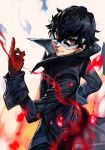  1boy amamiya_ren bangs black_hair black_jacket eye_mask fire gloves hungry_clicker jacket looking_at_viewer mask persona persona_5 red_eyes red_gloves short_hair smile solo 