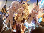  &gt;_o 3girls adjustable_wrench antenna_hair artist_request azur_lane bare_shoulders blonde_hair blue_eyes bow bracelet breasts brown_bow brown_legwear center_opening cleavage detached_sleeves drill drill_hair electric_plug electricity eyebrows_visible_through_hair fang hair_bow hammer highres jewelry light_purple_hair long_hair miniskirt multiple_girls one_eye_closed open_mouth prototype_bulin_mkii_(azur_lane) red_eyes skin_fang skirt small_breasts specialized_bulin_mkiii_(azur_lane) thighhighs twin_drills universal_bulin_(azur_lane) very_long_hair white_legwear wrench zettai_ryouiki 