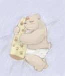  2009 anthro belly brown_body brown_fur clothing eyes_closed fur hug kemono male mammal overweight overweight_male pillow snow_utamaru solo underwear ursid 