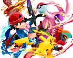  1boy ash-greninja ash_ketchum backwards_hat bangs baseball_cap black_hair blue_jacket brown_eyes butchii closed_mouth commentary_request fingerless_gloves fingernails fire gen_1_pokemon gen_6_pokemon gloves goodra greninja hat hawlucha jacket looking_at_viewer noivern pants pikachu poke_ball poke_ball_(basic) pokemon pokemon_(anime) pokemon_(creature) pokemon_xy_(anime) red_footwear shoes short_sleeves smile talonflame white_background 