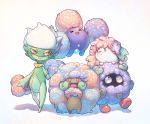  &gt;_&lt; :3 closed_mouth commentary_request gen_1_pokemon gen_2_pokemon gen_4_pokemon gen_5_pokemon highres jumpluff leaf looking_to_the_side looking_up mythical_pokemon no_humans open_mouth pokemon pokemon_(creature) roserade shaymin smile standing tangela tokonatu tongue water_drop whimsicott 
