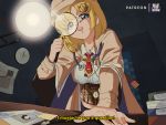  1990s_(style) 1girl :d artist_name blonde_hair blue_eyes bluethebone book_stack breasts brown_capelet brown_coat brown_headwear brown_skirt clock coat collared_shirt desk_lamp english_text foreshortening glint hair_ornament hairclip holding hololive indoors lamp leaning_forward long_sleeves looking_at_viewer magnifying_glass medium_breasts miniskirt necktie open_clothes open_coat open_mouth paper patreon_username plaid plaid_skirt pocket_watch pun red_neckwear round_teeth shirt short_hair skirt smile solo stethoscope teeth upper_teeth virtual_youtuber watch watson_amelia white_shirt wooden_table 