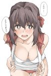  1girl ass_visible_through_thighs blush bra breasts brown_eyes brown_hair buruma cameltoe cleavage collarbone elf_(stroll_in_the_woods) girls_und_panzer headband kondou_taeko large_breasts looking_at_viewer open_mouth red_buruma shiny shiny_hair short_hair simple_background solo speech_bubble sportswear sweat translation_request underwear volleyball_uniform white_background white_bra 