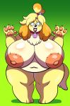  2020 absurd_res animal_crossing anthro black_lips black_nose blush canid canine canis collar collar_only domestic_dog eyewear female glasses hi_res isabelle_(animal_crossing) lips looking_at_viewer mammal navel nintendo nipples nude open_mouth overweight overweight_female pawpads pigeon_toed pink_eyes prinnydood simple_background solo standing tan_body video_games 