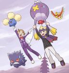  2boys bangs blonde_hair brown_hair cape closed_eyes commentary_request day drifblim eusine_(pokemon) flying gen_1_pokemon gen_2_pokemon gen_4_pokemon gengar hanging highres ho-oh jacket jumpluff legendary_pokemon long_sleeves morty_(pokemon) multiple_boys open_mouth outdoors pants pokemoa pokemon pokemon_(creature) pokemon_(game) pokemon_hgss purple_headband purple_jacket purple_pants sky smile sweatdrop sweater tongue tower white_cape 