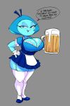  alcohol alien alien_humanoid aquamarine_(steven_universe) beer beverage big_breasts blue_body blue_eyes blue_skin breasts cartoon_network cleavage clothed clothing dbaru english_text eyeshadow female footwear gem_(species) half-closed_eyes hand_on_hip hi_res humanoid looking_at_viewer maid_uniform makeup narrowed_eyes open_mouth plantigrade shoes simple_background solo steven_universe text uniform 