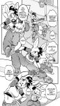  anthro bottomwear breasts clothed clothing comic cookie_(furryfight_chronicles) daigaijin dialogue duo english_text female fingerless_gloves fur furryfight_chronicles gloves hair handwear hi_res lagomorph leporid mammal midriff monochrome muko navel pants rabbit rodent sciurid shirt text topwear tree_squirrel 