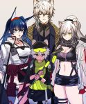  1boy 3girls animal_ears arknights bangs black_headwear black_neckwear black_scarf black_shorts blaze_(arknights) blue_eyes blue_hair breasts cat_ears cleavage click_(arknights) commentary_request cowboy_shot crop_top eyebrows_visible_through_hair grey_background grey_eyes hair_between_eyes hairband highres holding holding_staff jacket leopard_ears long_sleeves medium_breasts midriff multiple_girls navel necktie open_clothes open_jacket parted_lips pouch red_hairband scarf schwarz_(arknights) short_hair short_shorts shorts silver_hair silverash_(arknights) simple_background staff standing stomach thigh_strap thighs white_jacket yavalley yellow_eyes 