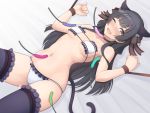  1girl alfort_(may0508) bangs bikini black_hair blunt_bangs bound bound_wrists breasts covered_nipples eyebrows_visible_through_hair frilled_bikini frilled_legwear frills groin hair_ornament hairclip highres idolmaster idolmaster_shiny_colors long_hair looking_at_viewer mayuzumi_fuyuko medium_breasts navel one_eye_closed open_mouth purple_legwear restrained smile solo strapless strapless_bikini sweat swimsuit tears thighhighs tickle_torture tickling two_side_up wavy_mouth white_bikini 