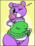  2020 animal_crossing anthro candy clothed clothing clothing_lift dress dress_lift female flashing food genitals green_clothing green_dress green_eyes junktrashman licking lollipop looking_at_viewer mammal megan_(animal_crossing) nintendo no_underwear one_eye_closed portrait presenting presenting_pussy purple_body pussy simple_background solo thick_thighs three-quarter_portrait tongue tongue_out ursid video_games wide_hips wink yellow_background 