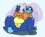  2019 anthro belly blue_body bottomless breasts cathy_(junktrashman) clothed clothing female fish front_view genitals gesture grin junktrashman marine nintendo non-mammal_breasts orange_clothing orange_sweater orange_topwear overweight overweight_anthro overweight_female plump_labia pok&eacute;mon pok&eacute;mon_(species) pussy reclining smile solo spread_legs spreading sweater topwear v_sign video_games whiscash 